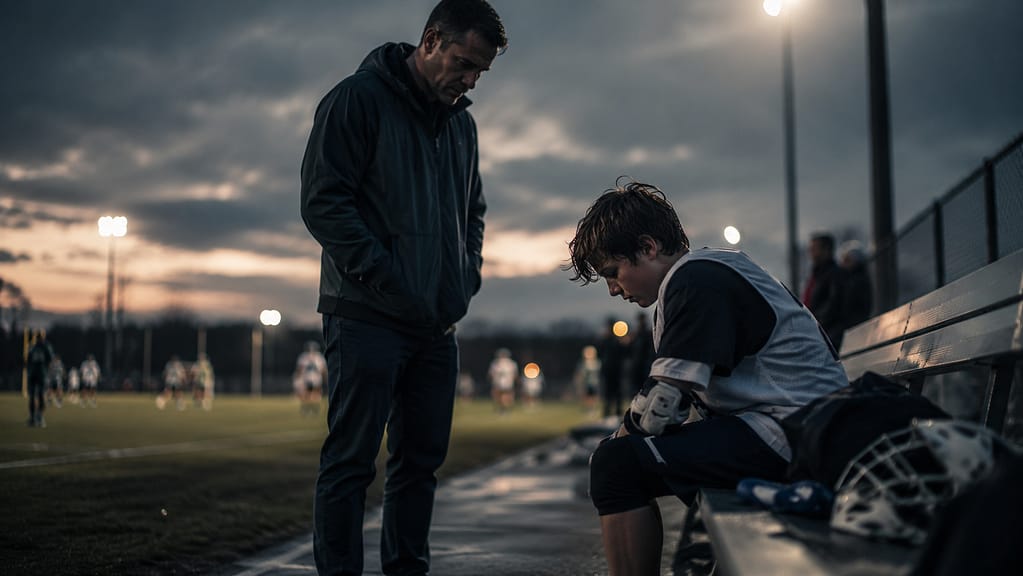 Adult stands beside a seated young soccer player in protective gear near a field at dusk, with a helmet on the bench.