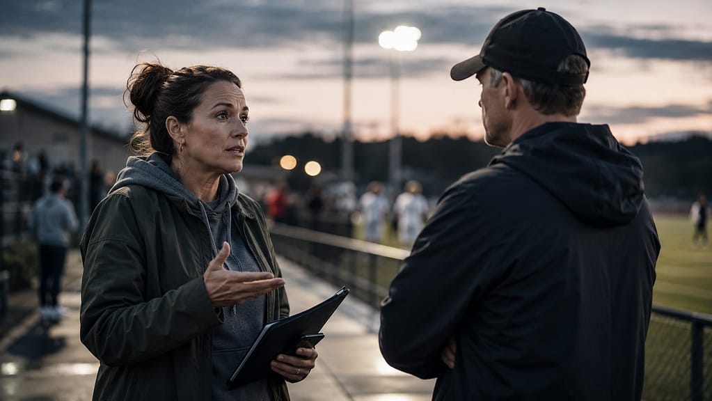 A woman holding a clipboard gestures while speaking with a man beside a youth sports field.