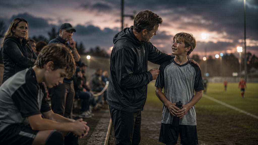 Youth soccer coach talks with a player on a lit field while another player sits nearby and teammates watch from the sideline.
