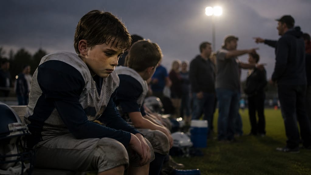 Youth football players sit on the sideline under bright stadium lights as adults and teammates stand nearby.