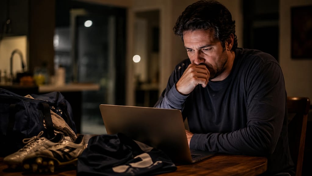 Adult man looks at a laptop with one hand near his mouth; youth sports equipment sits on the table beside him.