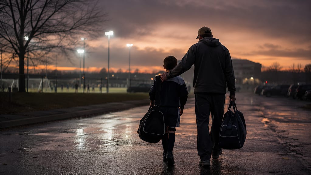 Adult and young player walk away from a lit sports field at dusk along a wet road, carrying sports bags.