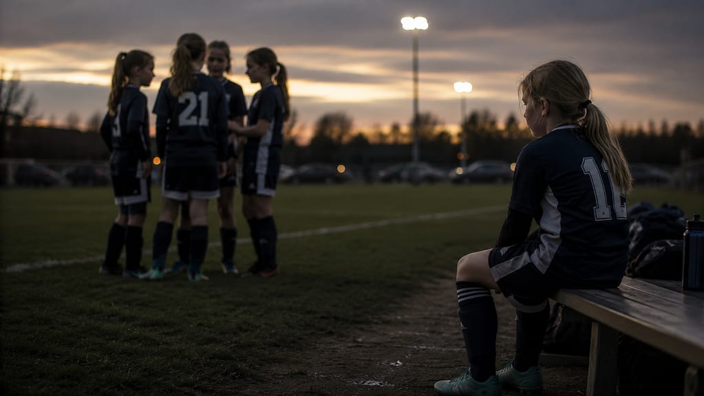 Soccer player sits on a sideline bench watching four teammates gathered on the field at dusk.