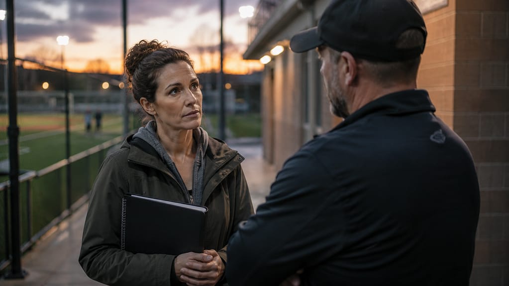 Two adults talk beside a fenced sports field at dusk; one holds a notebook.