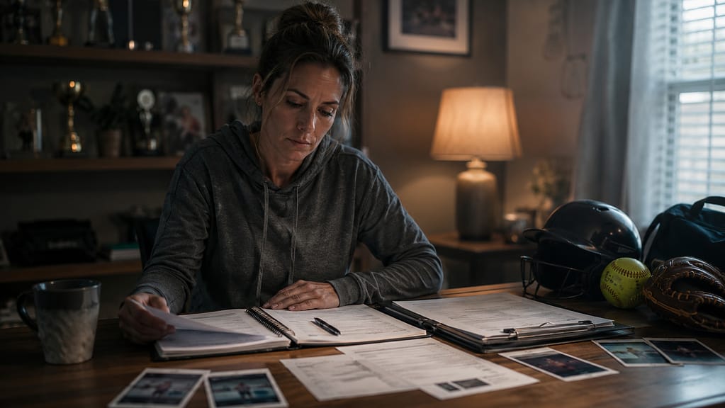 Person reviews paperwork, photos, and notes at a desk beside a baseball helmet, softball, and glove.