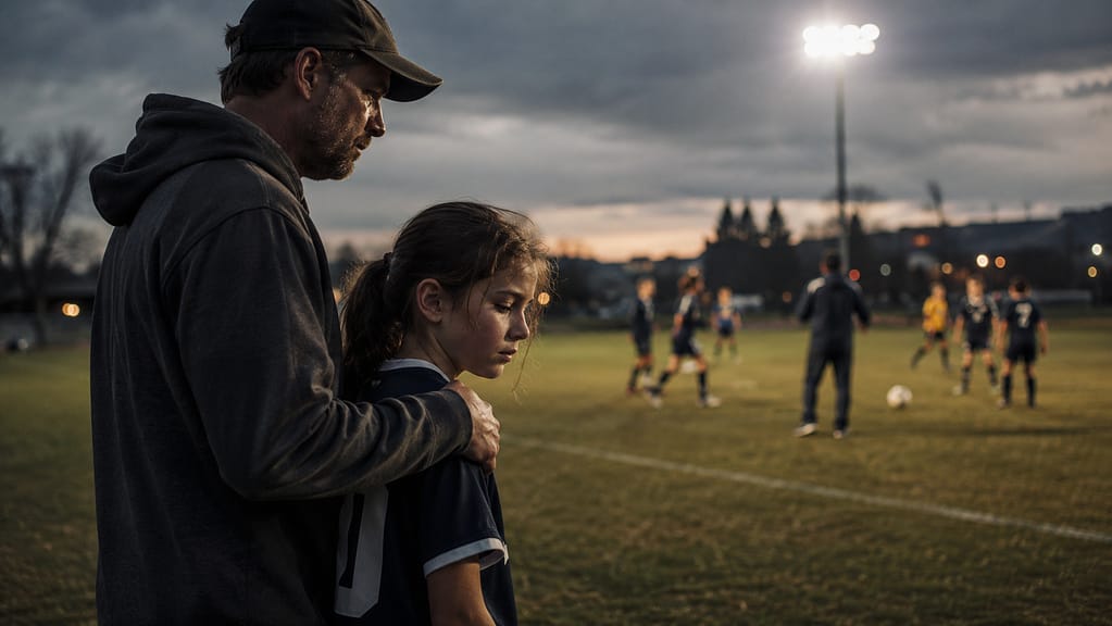 Adult and young soccer player stand at the sideline under stadium lights, watching a youth game.