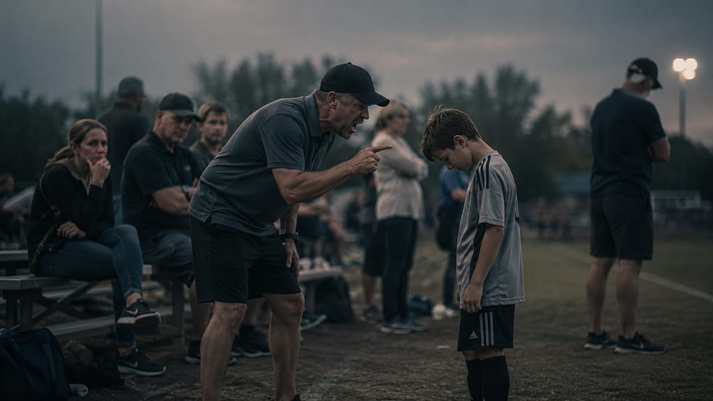 Adult coach leans toward and points at a young player near a sports field while other adults and players stand or sit in the background.