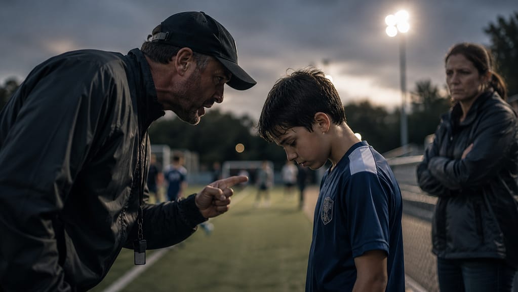 Coach leans toward and points while speaking with a youth soccer player on a field; another adult stands nearby.