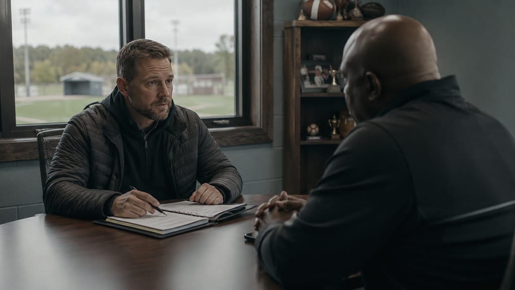 Two adults meet across a desk in a sports office, with one writing in a notebook; trophies and a sports field are visible.