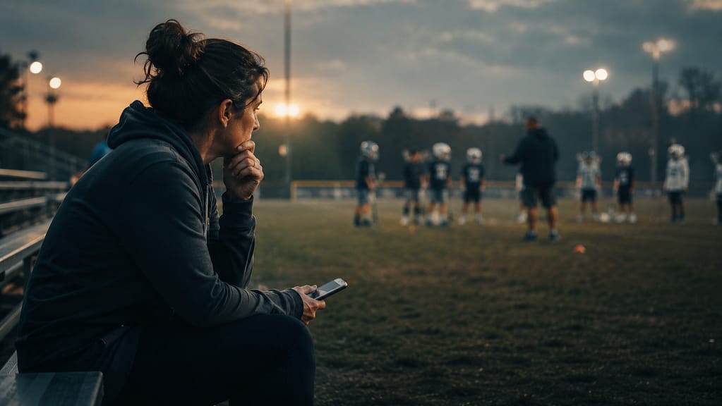 Adult watches a youth sports practice from the sideline while holding a phone.