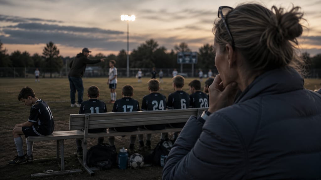 Adult spectator watches a youth soccer team seated on the sideline while a coach addresses players during an evening game.