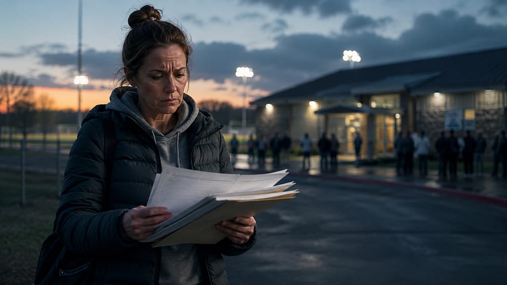 Person reviewing a stack of documents outside a sports facility at dusk, with field lights and people near the building in the background.