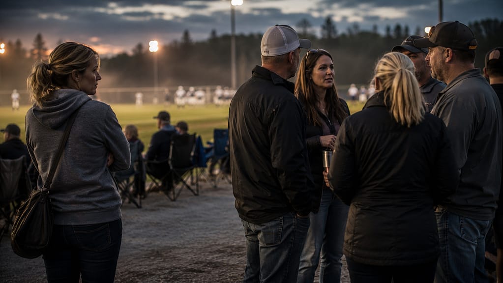 Adults talk beside a youth baseball field while a game continues in the background at dusk.