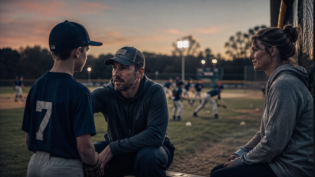 Adult kneels beside a young baseball player wearing jersey 7 near the dugout, while another adult watches a youth game at dusk.
