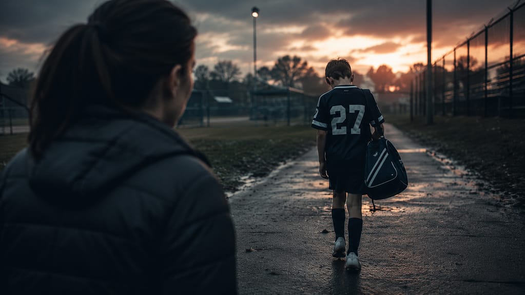 Youth athlete wearing jersey 27 walks away along a wet path carrying a sports bag, while another person stands in the foreground.