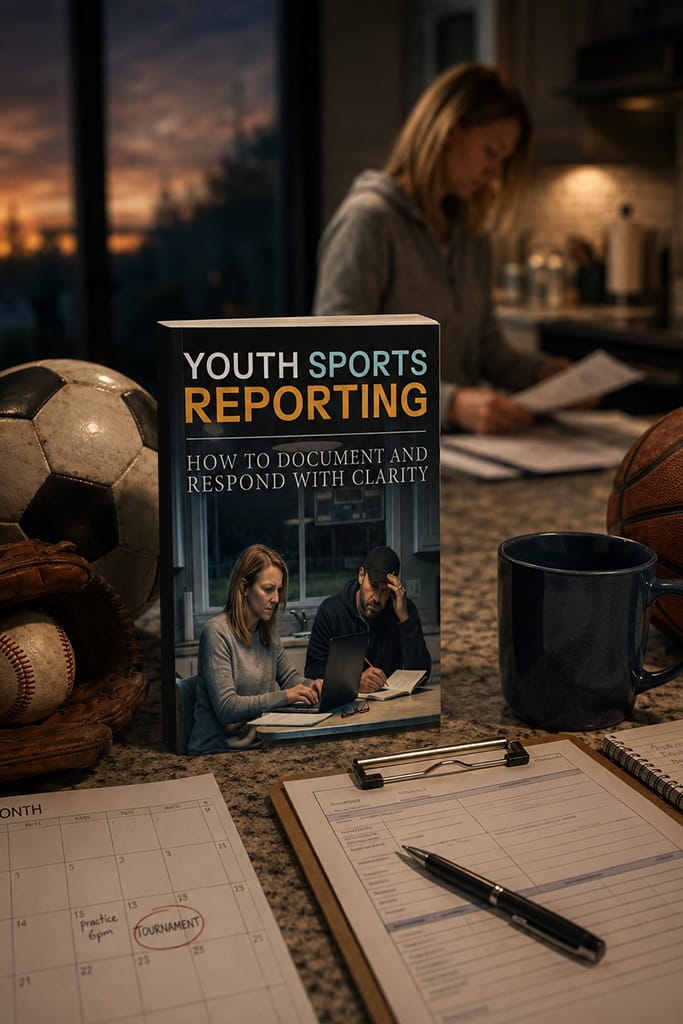 Youth Sports Reporting guide beside a soccer ball, sports notes, clipboard, pen, and coffee mug, with a person working in the background.