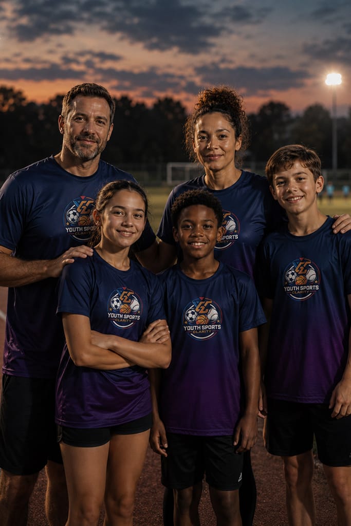 Five youth sports team members and two adults pose together outdoors at sunset, wearing matching Youth Sports shirts.
